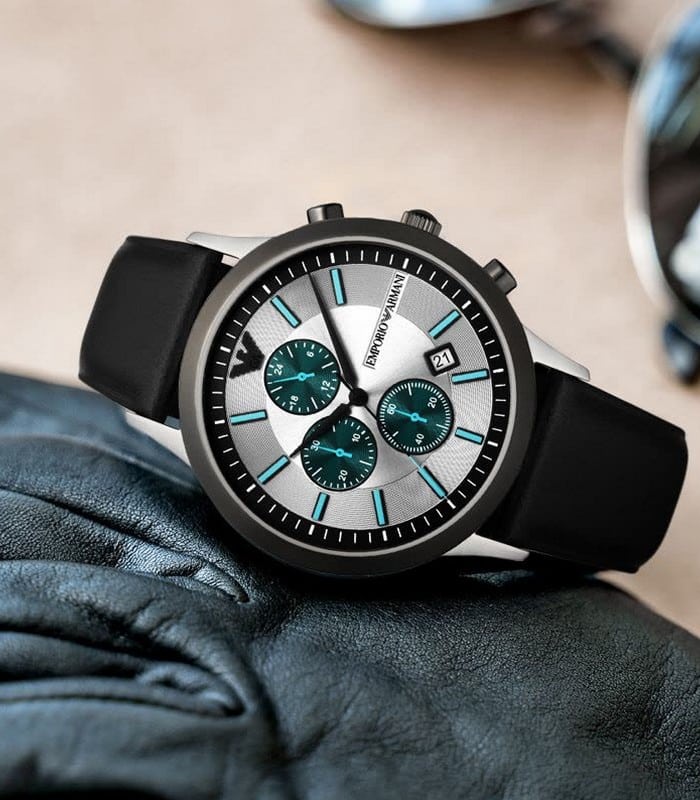 Emporio Armani Renato Chronograph Silver Dial Black Leather Strap Watch for Men - AR11473 - Image 14